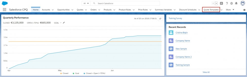 Salesforce CPQ Menu Tabs including Quote Template Tab